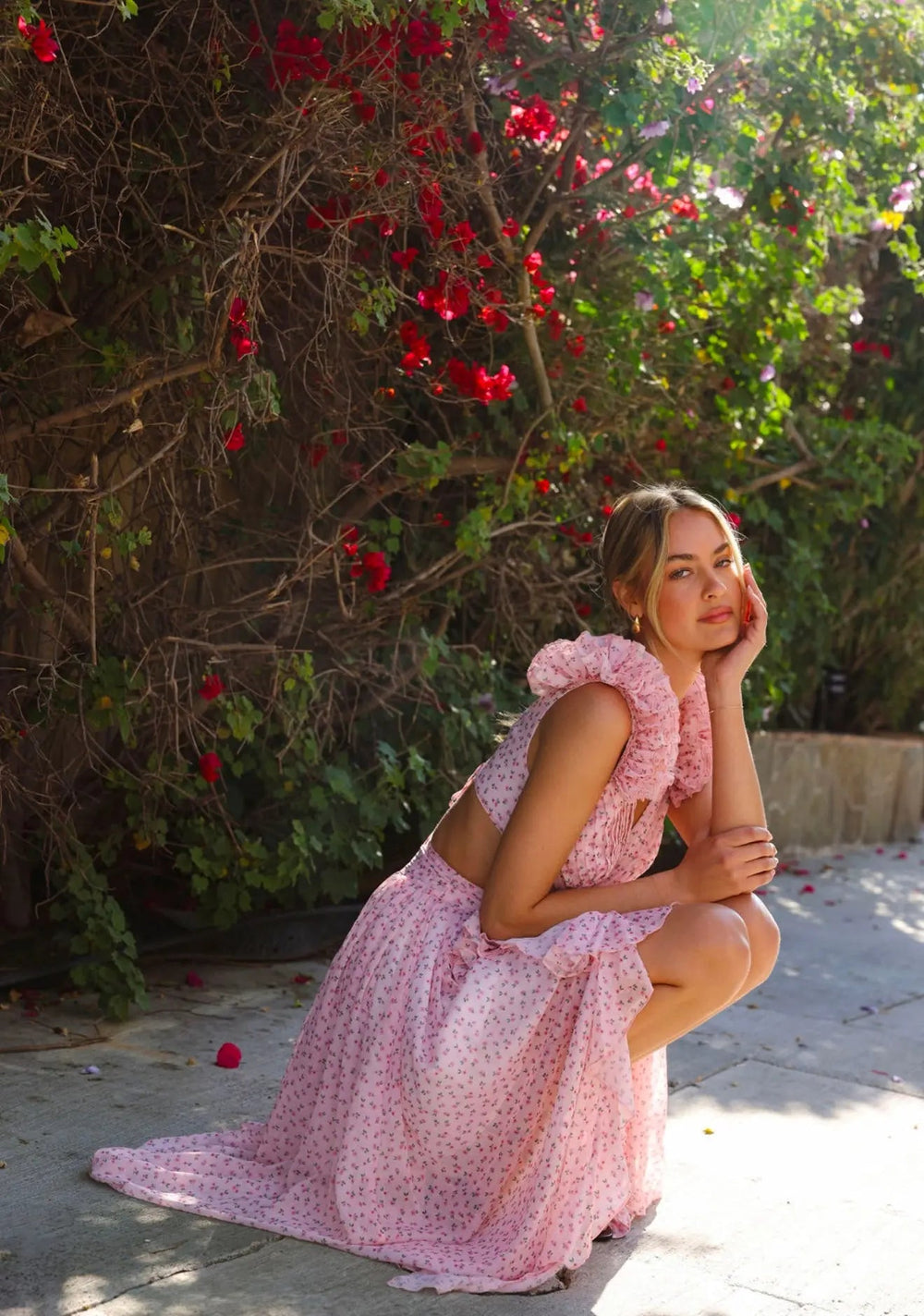 Ditsy Pink Cassini dress by Anne Louise Boutique featuring a floral pattern and lightweight fabric.
