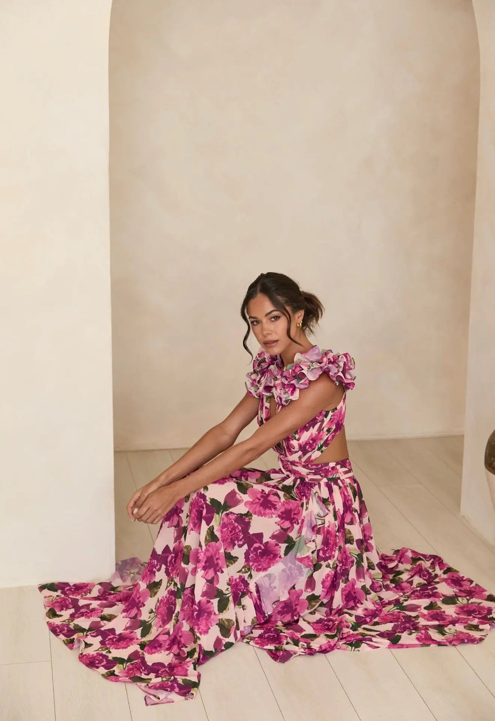 ALB Cassini Bloom dress in vibrant floral print, full-length view showcasing stylish design and flowing fabric.
