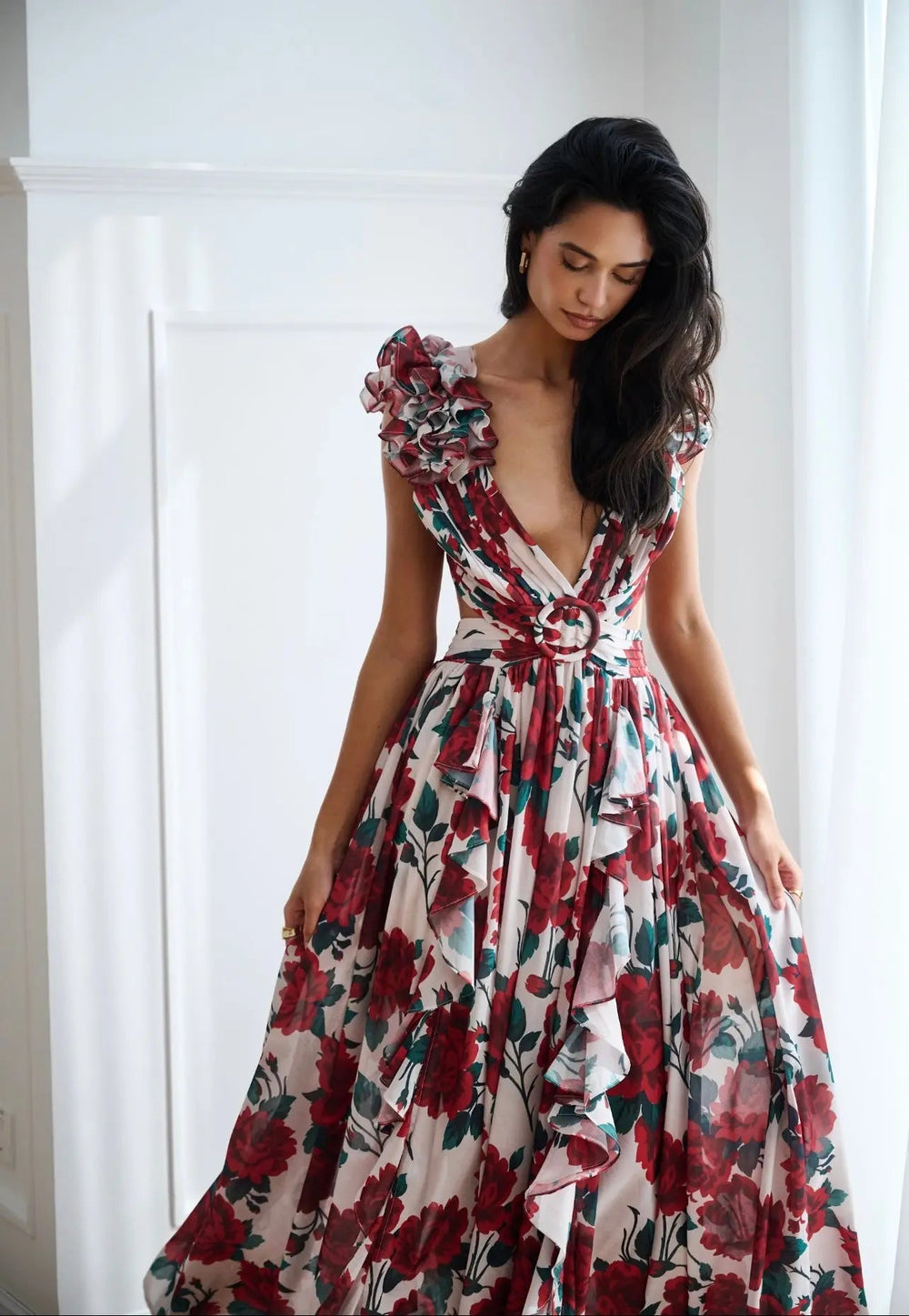 Anne Louise Boutique Monaco Rose Cassini dress showcased in full view, featuring elegant design and vibrant rose pattern.