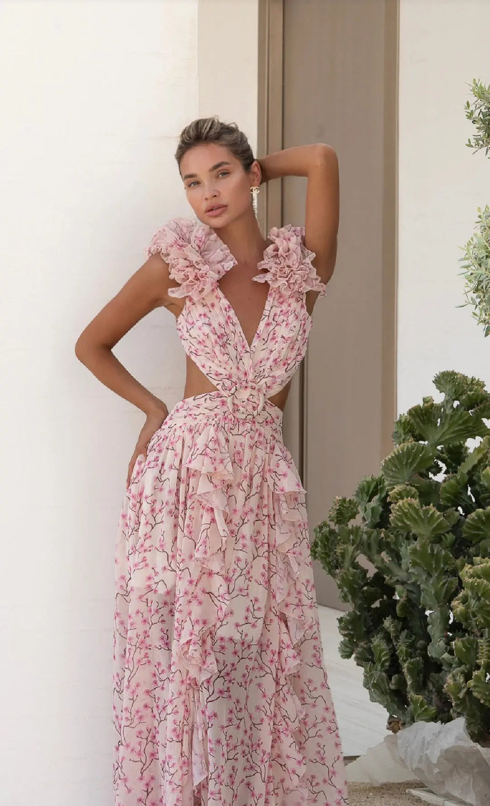 Pink Cassini dress by Anne Louise Boutique, full-length view showing flowing fabric and elegant design.